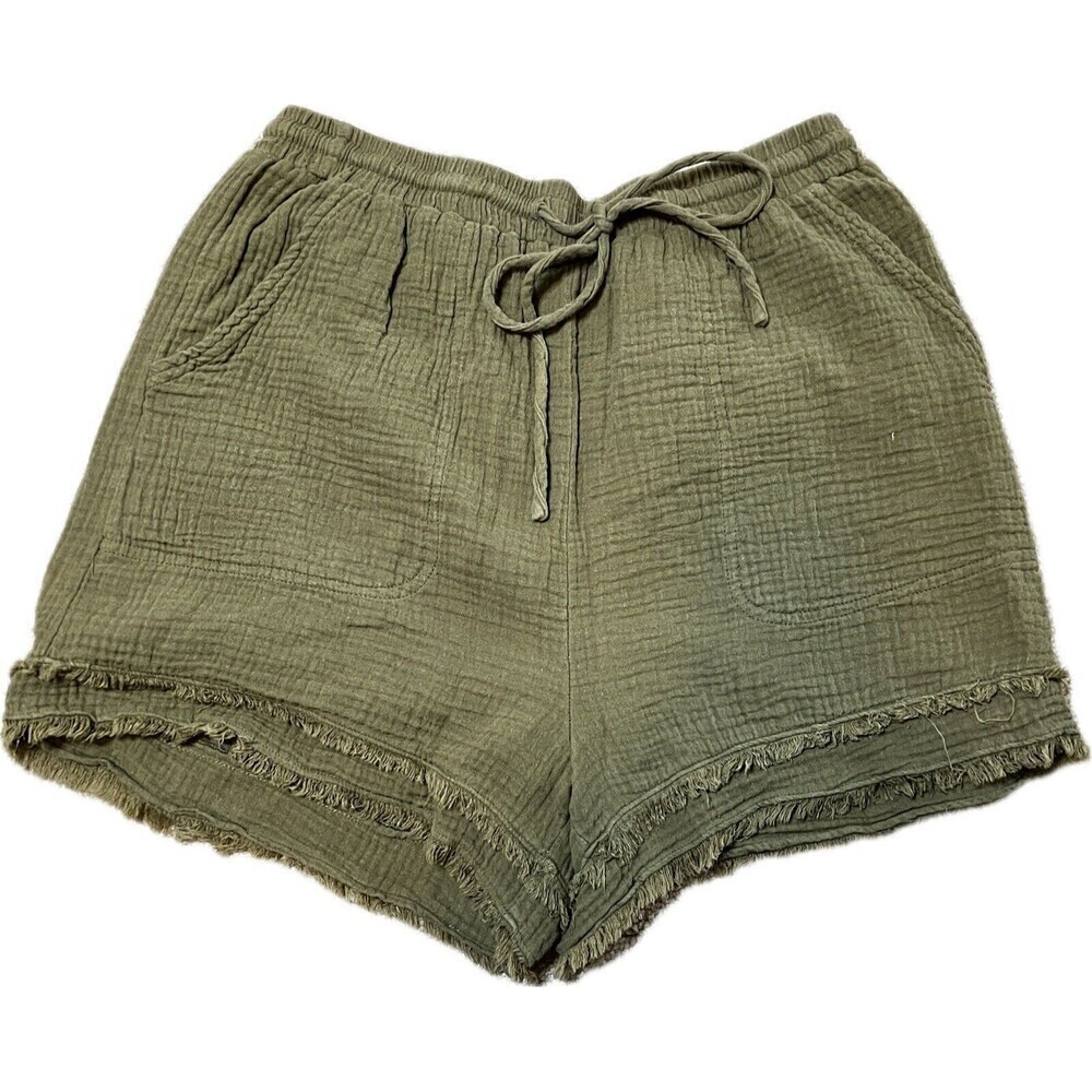 Cotton Bleu Women's Gauzy Olive Green Elastic Waist Raw Hem Shorts Size M